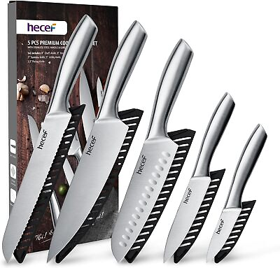 5Pcs Kitchen Knife Set Stainless Steel Ultra Sharp All Metal Chef Knives w Cover