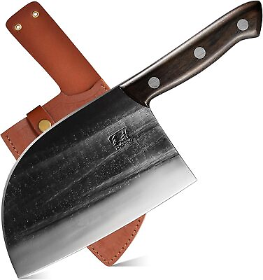 ENOKING Hand Forged Meat Cleaver Serbian Chef Knife with Leather Sheath 6.7#x27;#x27;