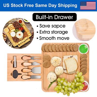 US Bamboo Cheese Board and Knife Set Wooden Charcuterie Tray Meat Cutting Boards #ad
