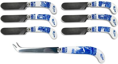 Spode Blue Italian Cheese Knife amp; 6 Spreaders with Porcelain Handles Blue White #ad